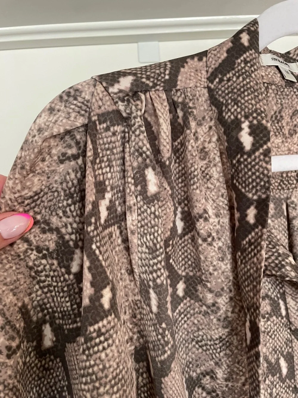 Stella & Dot Taupe and Brown Snake-Print Tie-Neck Blouse - Picture 12 of 16
